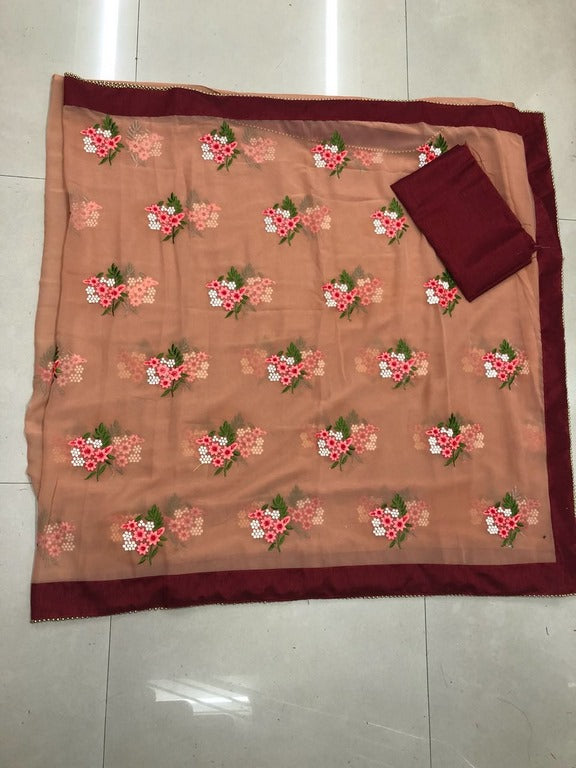 Beige georgette embroidered saree