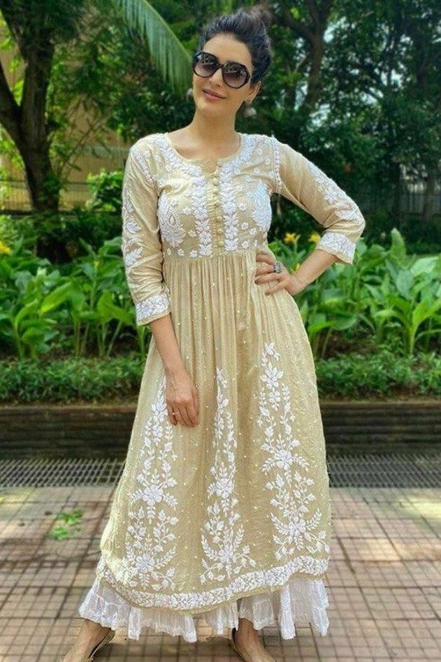 Beige georgette embroidery work plazzo kurti