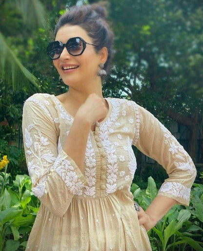 Beige georgette embroidery work plazzo kurti