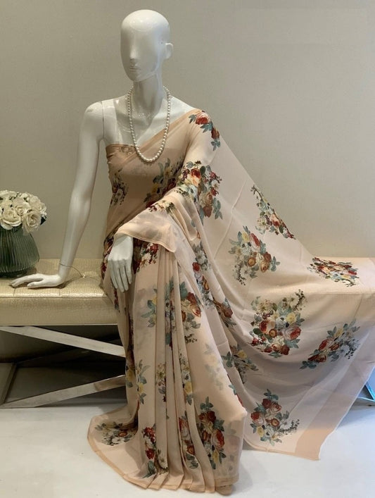 Beige georgette floral printed saree