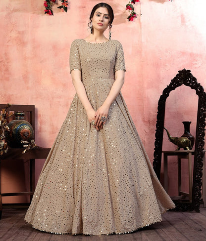Beige georgette golden sequence work party wear gown
