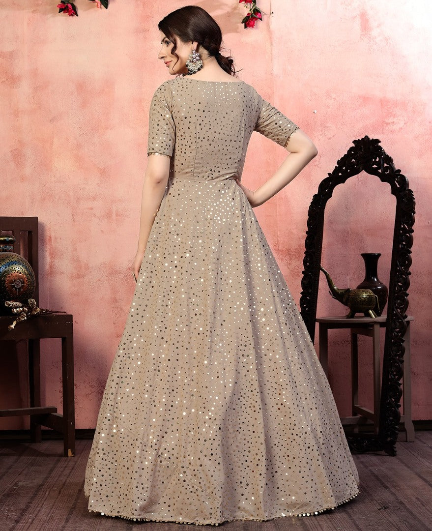 Beige georgette golden sequence work party wear gown