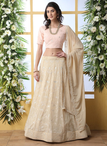 Beige georgette heavy embroidered wedding lehenga choli