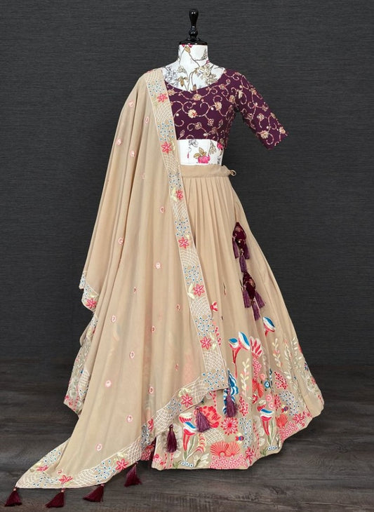 Beige georgette multi threadwork designer lehenga choli