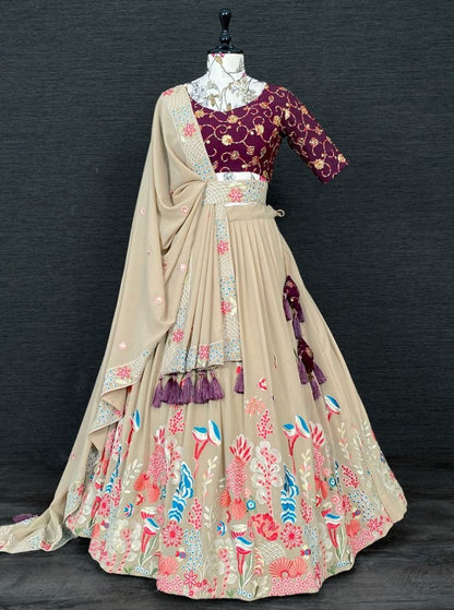 Beige georgette multi threadwork designer lehenga choli
