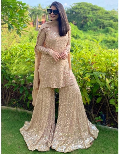 Beige georgette sequence and thread embroidery work sharara salwar suit