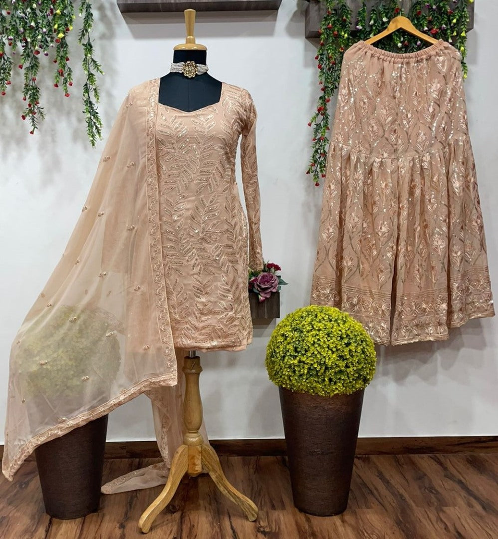 Beige georgette sequence and thread embroidery work sharara salwar suit
