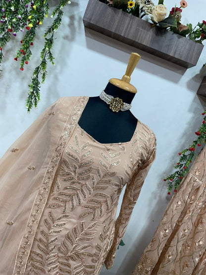 Beige georgette sequence and thread embroidery work sharara salwar suit