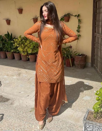 Beige georgette thread sequence work punjabi suit