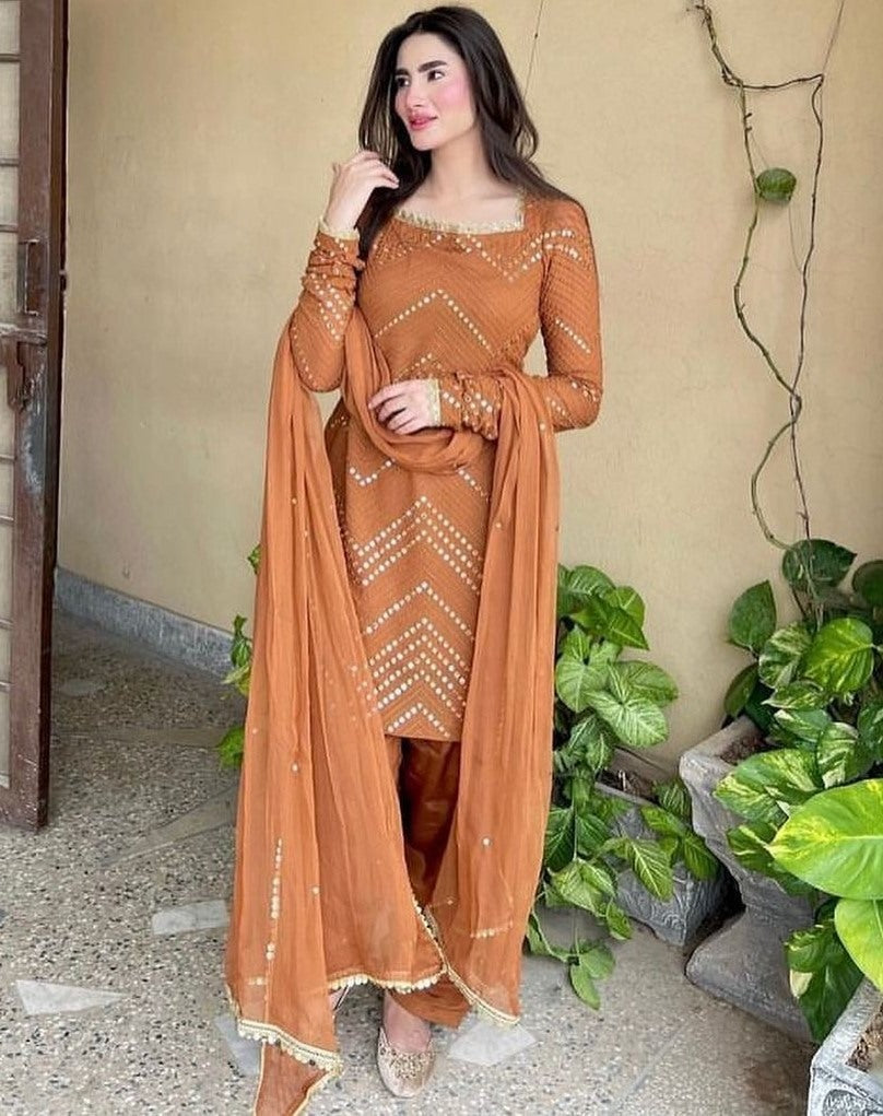 Beige georgette thread sequence work punjabi suit