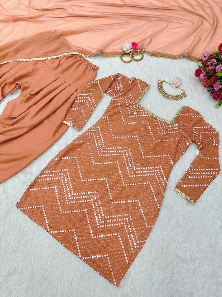 Beige georgette thread sequence work punjabi suit