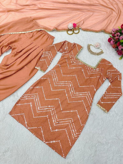 Beige georgette thread sequence work punjabi suit