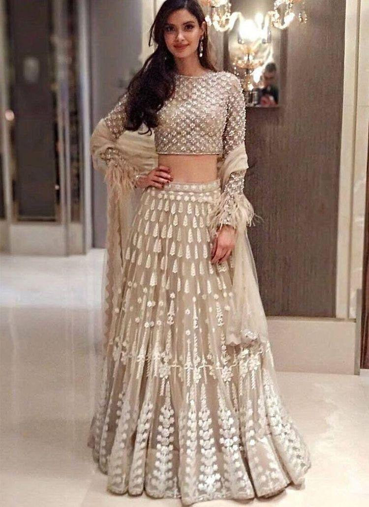 Beige georgette white thread embroidered lehenga choli