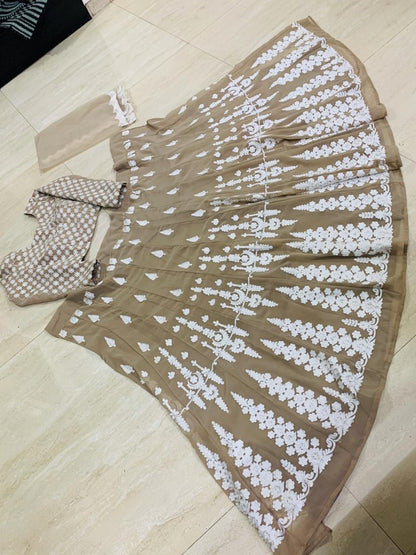 Beige georgette white thread embroidered lehenga choli