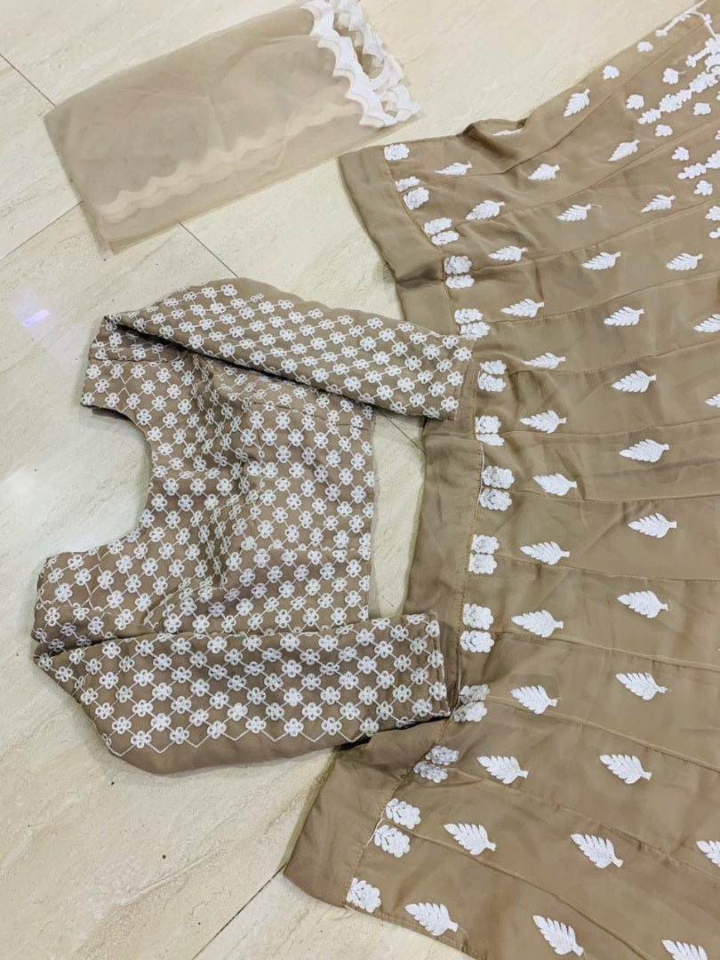 Beige georgette white thread embroidered lehenga choli