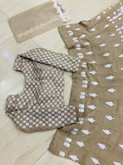 Beige georgette white thread embroidered lehenga choli
