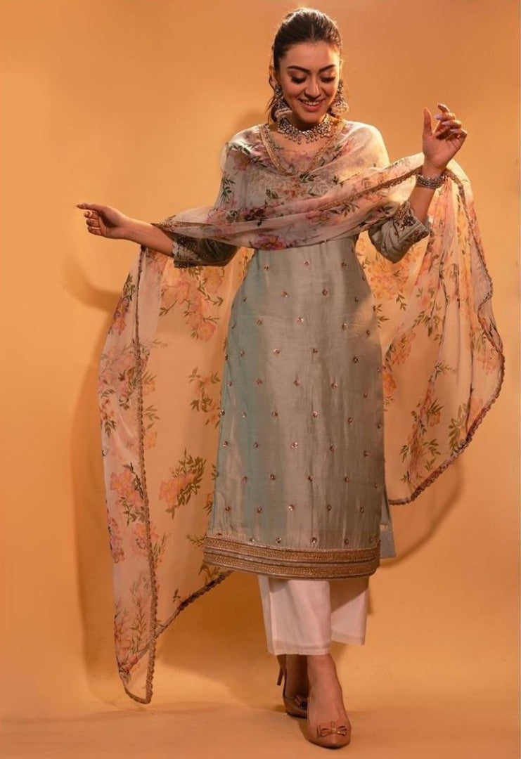 Beige grey bambu tapeta silk salwar suit