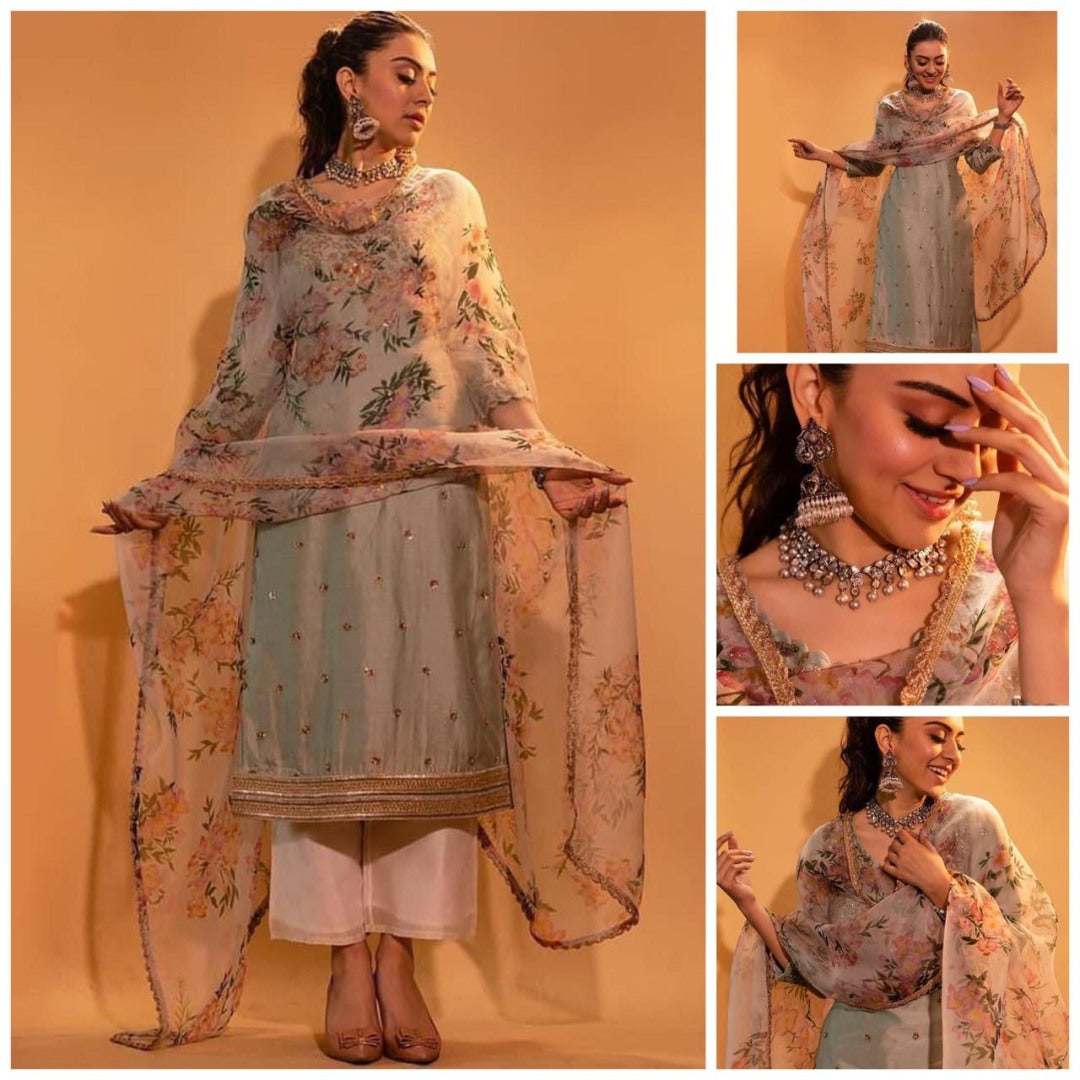 Beige grey bambu tapeta silk salwar suit