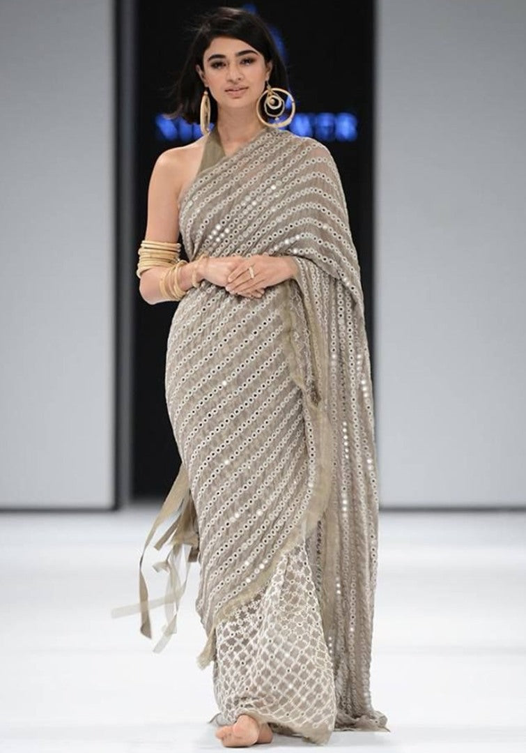 Beige grey mono net embroidery worked designer saree