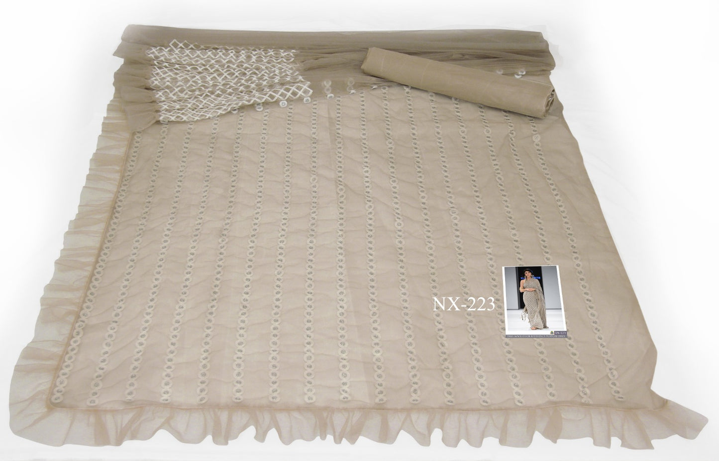 Beige grey mono net embroidery worked designer saree