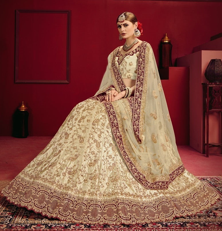 Beige heavy designer embroidered bridal lehenga choli