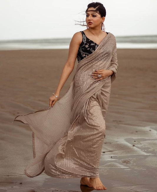 Beige heavy shining sequence work designer saree