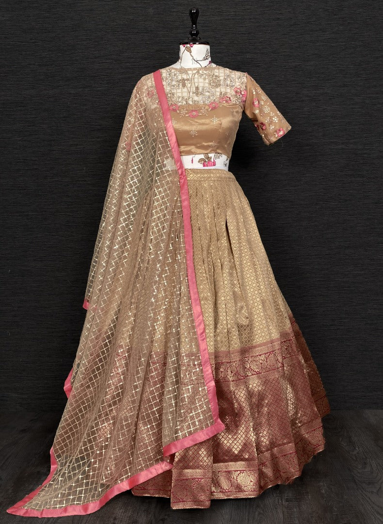 Beige jacquard weaving work wedding lehenga choli