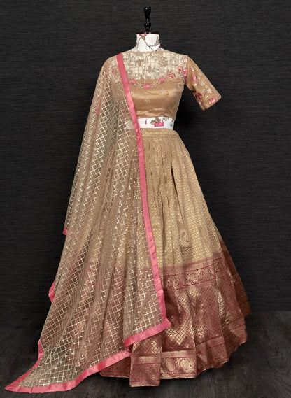 Beige jacquard weaving work wedding lehenga choli