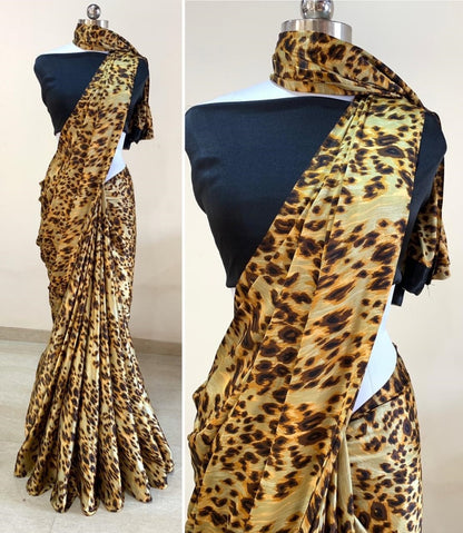 Beige japan crape leopard printed saree