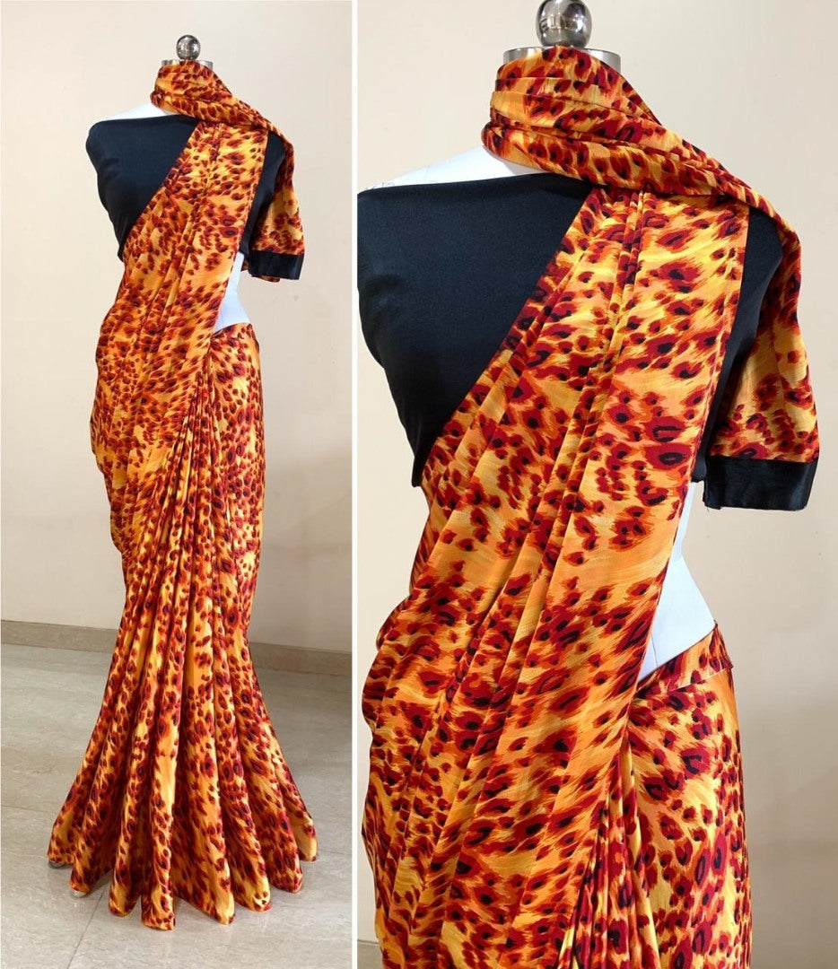 Beige japan crape leopard printed saree