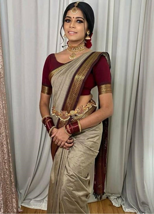 Beige kanchipuram silk jacquard weaving work wedding saree