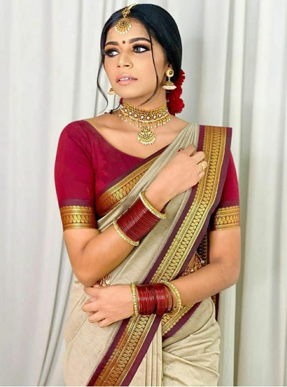 Beige kanchipuram silk jacquard weaving work wedding saree