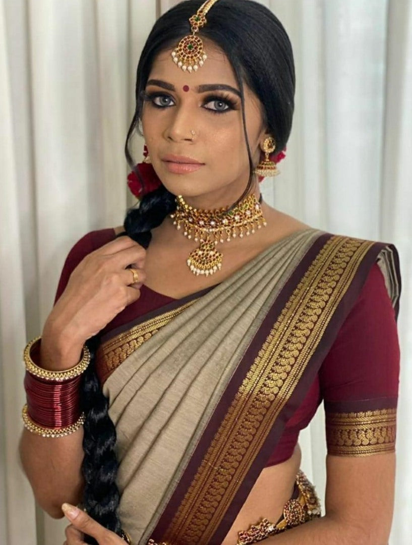 Beige kanchipuram silk jacquard weaving work wedding saree