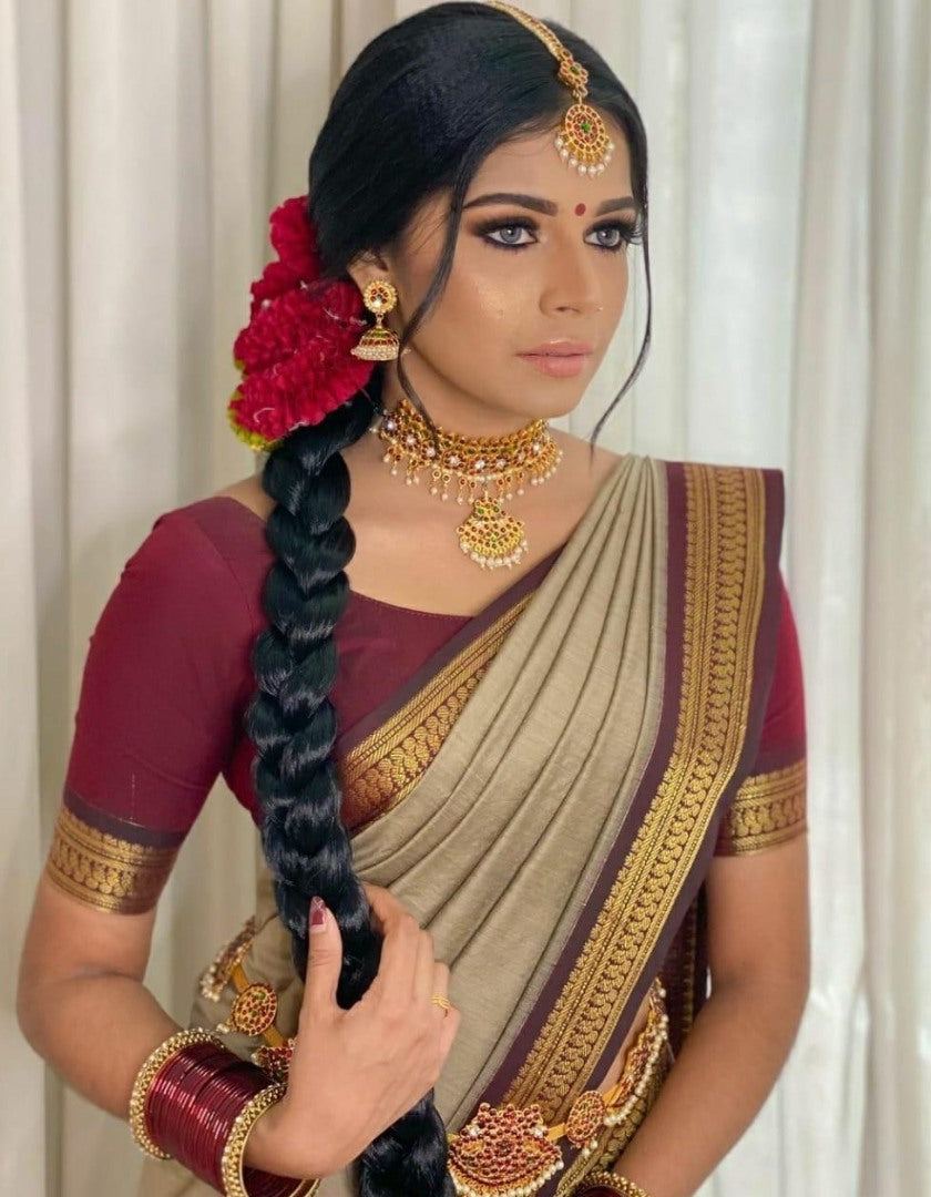 Beige kanchipuram silk jacquard weaving work wedding saree