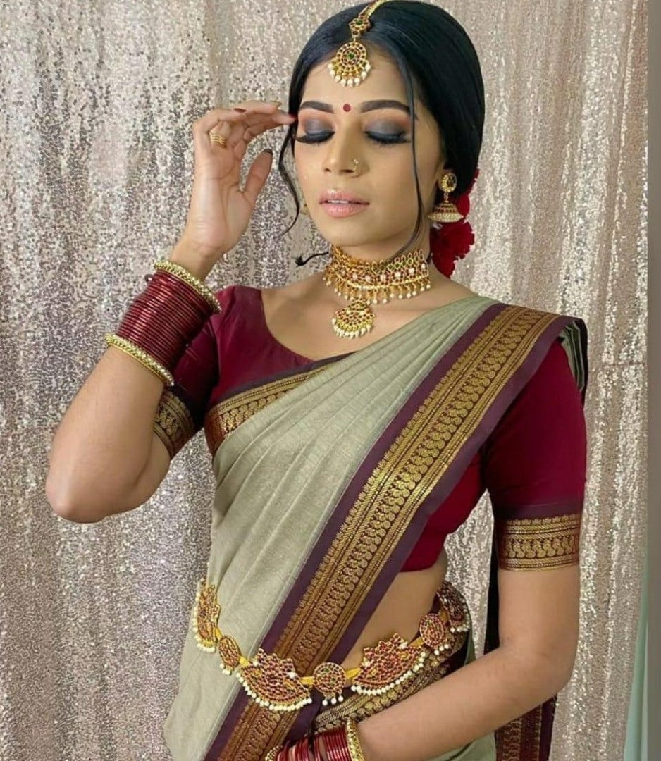 Beige kanchipuram silk jacquard weaving work wedding saree