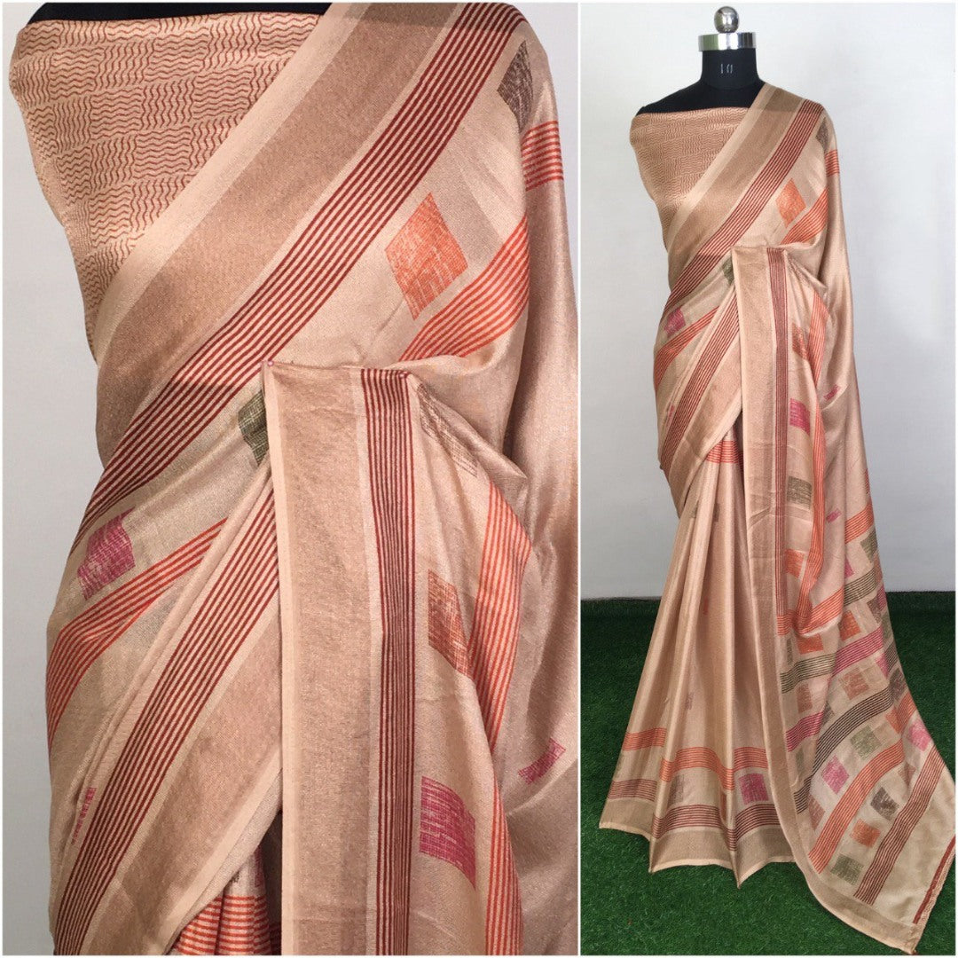 Beige linen silk printed saree