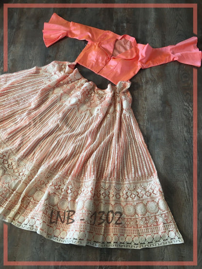 Beige lucknowi work crop top lehenga with stitched blouse