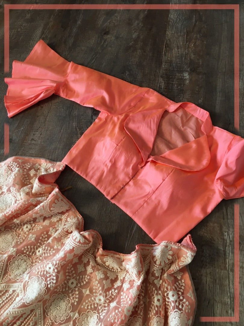 Beige lucknowi work crop top lehenga with stitched blouse