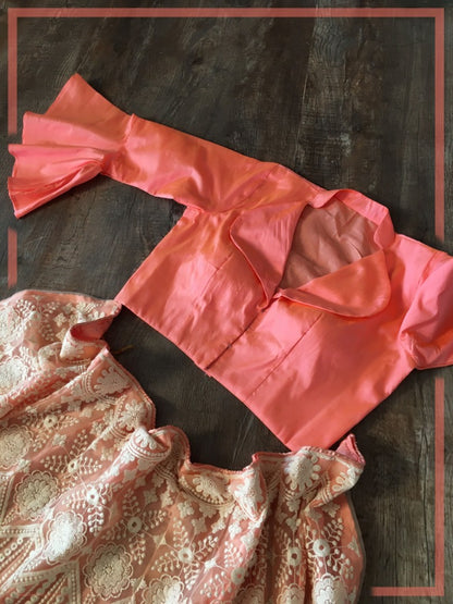 Beige lucknowi work crop top lehenga with stitched blouse