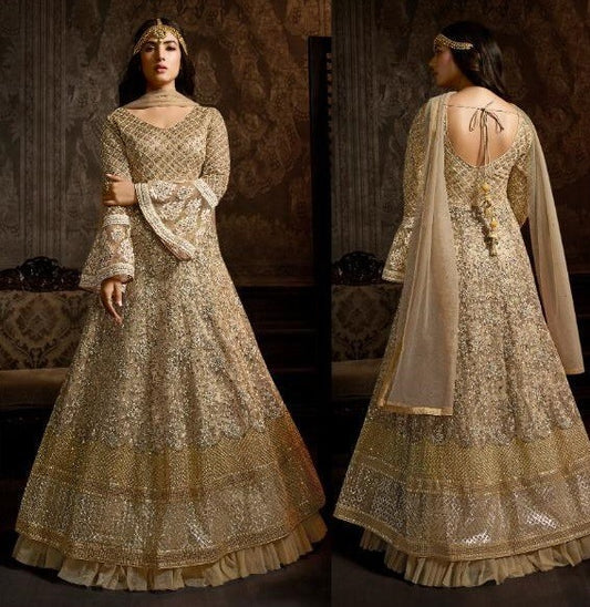 Beige net heavy embroidered designer wedding gown with dupatta