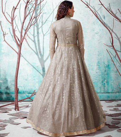 Beige net metallic foil work party wear designer gown