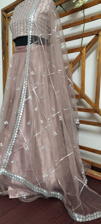 Beige net sequin work wedding lehenga choli