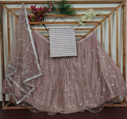 Beige net sequin work wedding lehenga choli