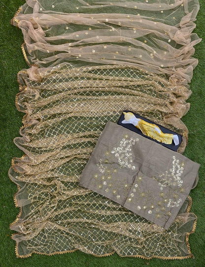 Beige net with heavy sequence work wedding saree
