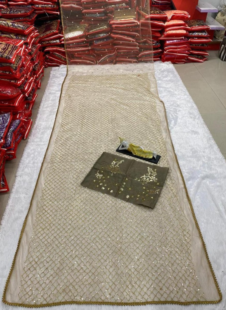 Beige net with heavy sequence work wedding saree