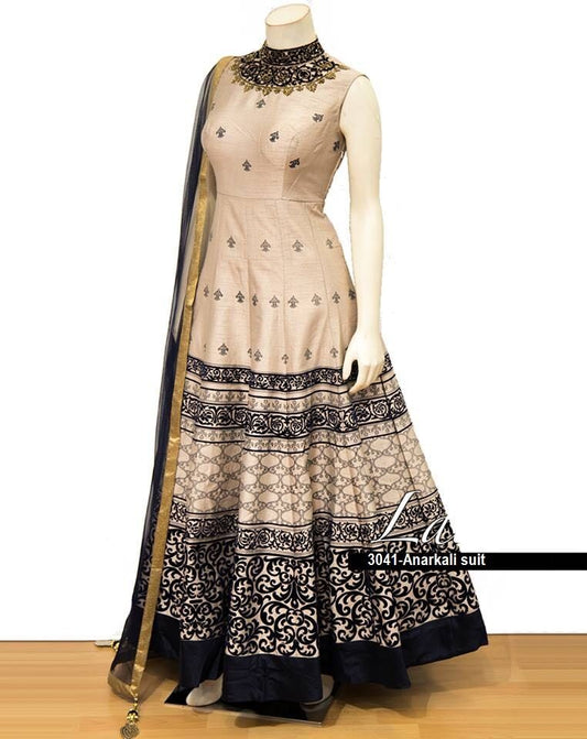 Beige phantom silk printed and handworked partywear gown
