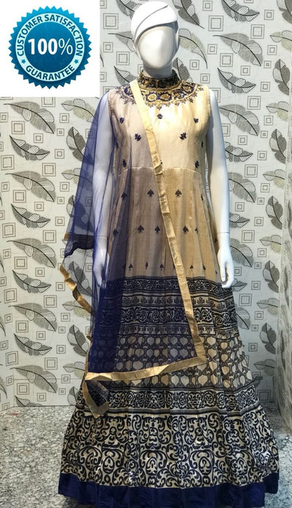 Beige phantom silk printed and handworked partywear gown