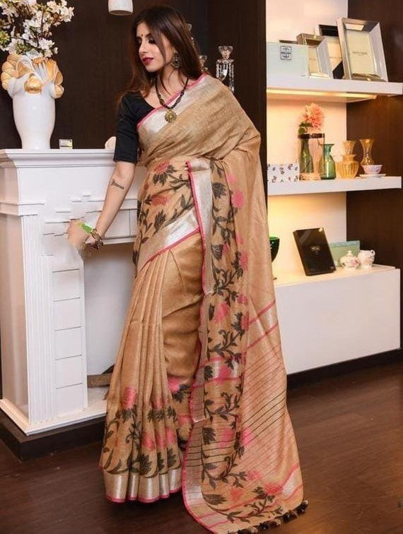 beige pure linen satin patta printed saree