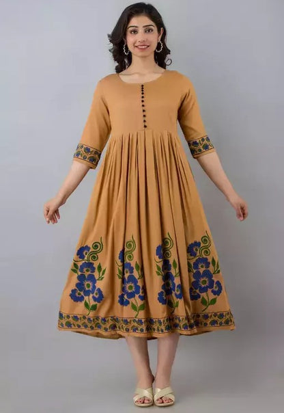 Beige rayon printed anarkali kurti