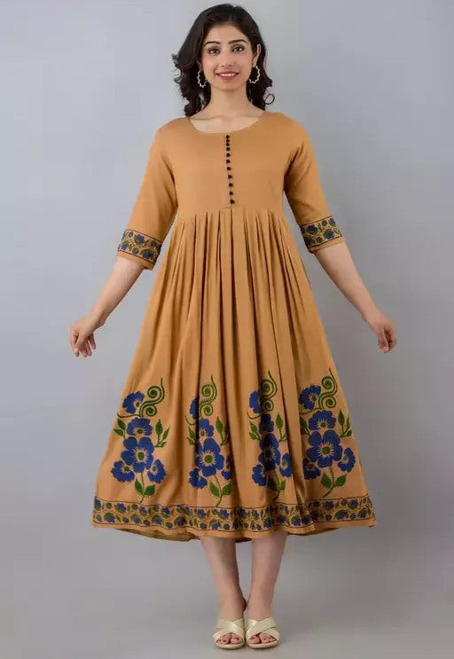 Beige rayon printed anarkali kurti
